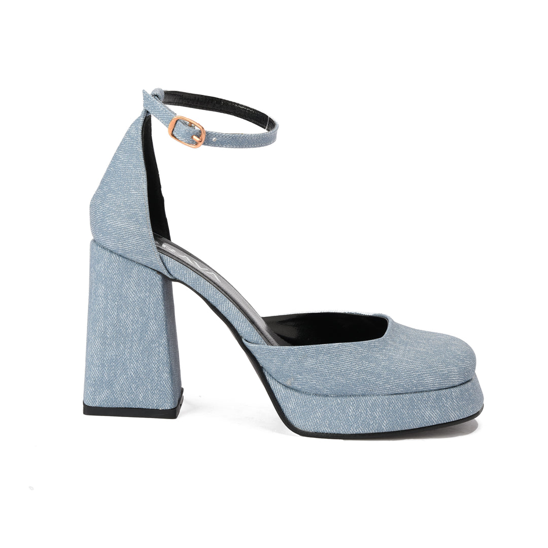 Brava — Platform Ankle-Strap Heel- Denim