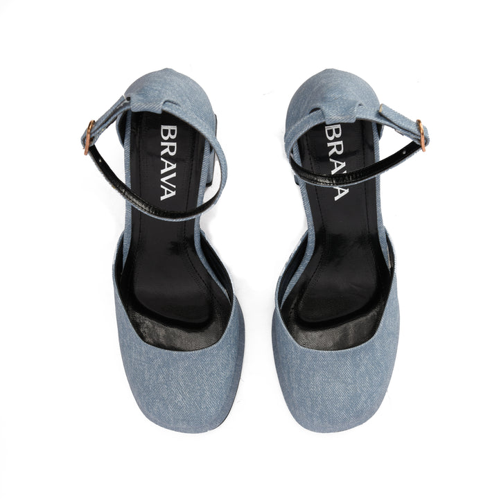 Brava — Platform Ankle-Strap Heel- Denim