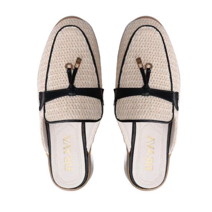 Brava | El Hayah Mule - Woven Beige- Black Strap - Buy1 Get1
