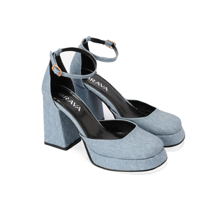 Brava — Platform Ankle-Strap Heel- Denim