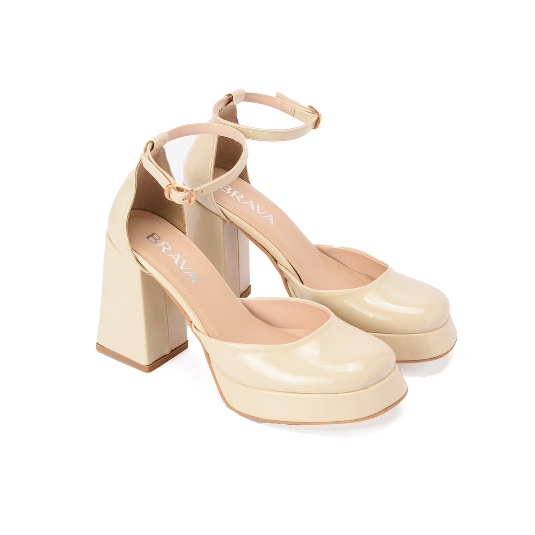 Brava — Platform Ankle-Strap Heel- Beige Patent