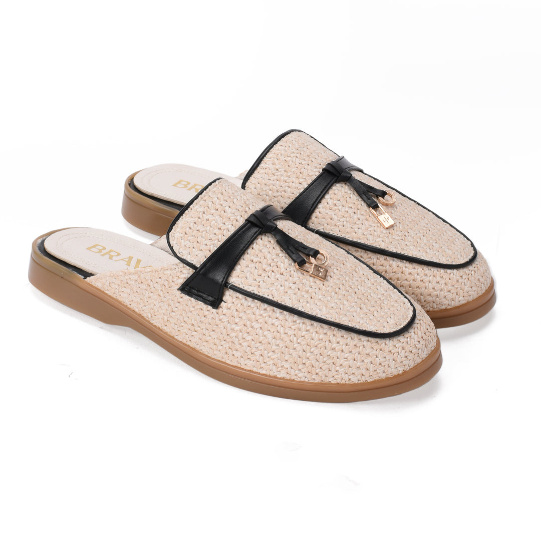 Brava | El Hayah Mule - Woven Beige- Black Strap - Buy1 Get1
