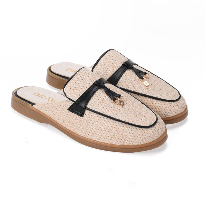 Brava | El Hayah Mule - Woven Beige- Black Strap - Buy1 Get1