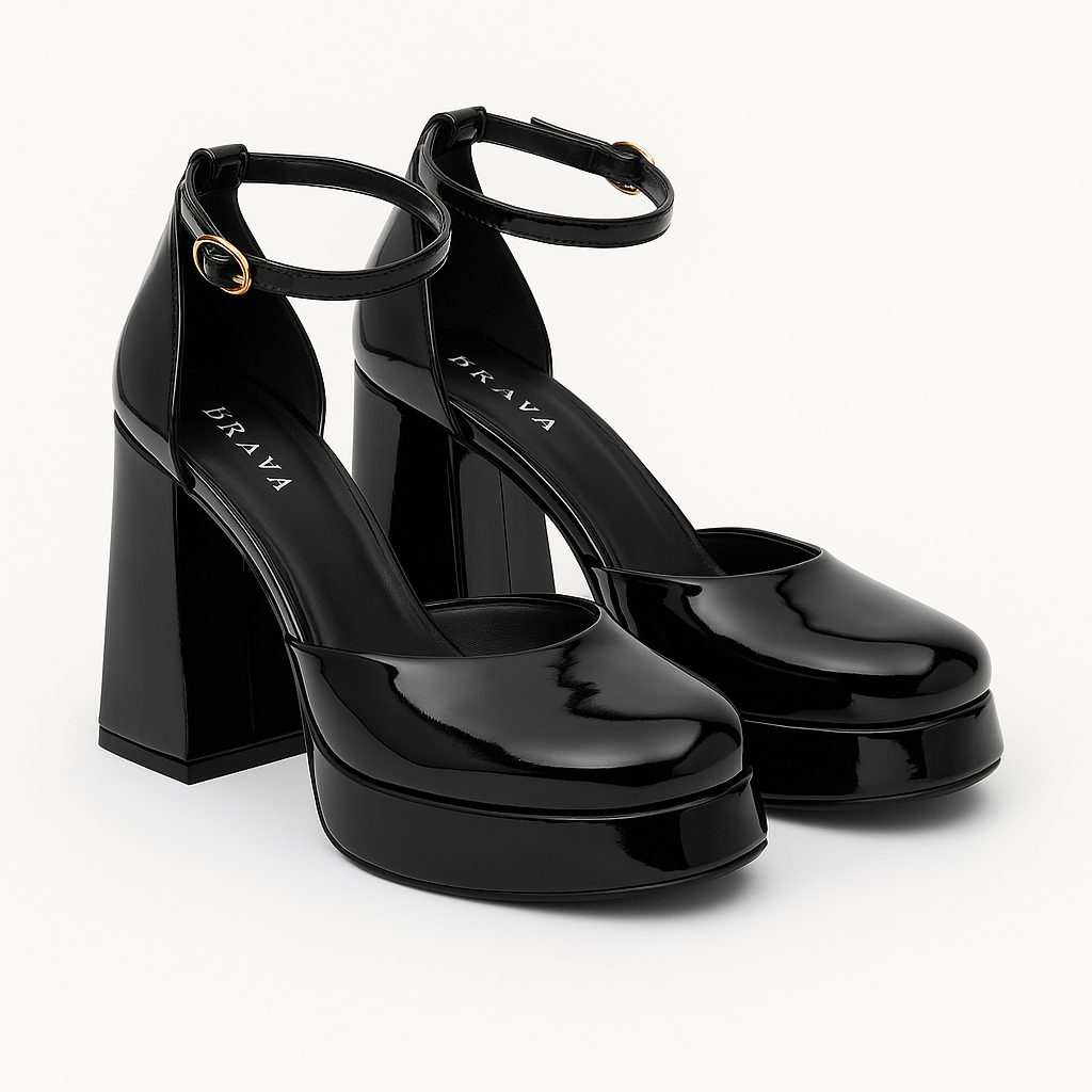 Brava — Platform Ankle-Strap Heel- Black Patent