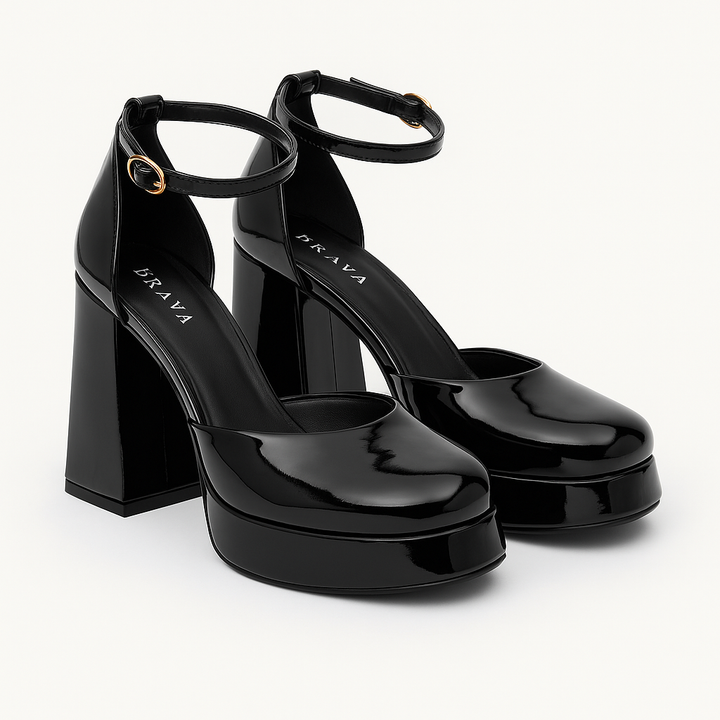 Brava — Platform Ankle-Strap Heel- Black Patent
