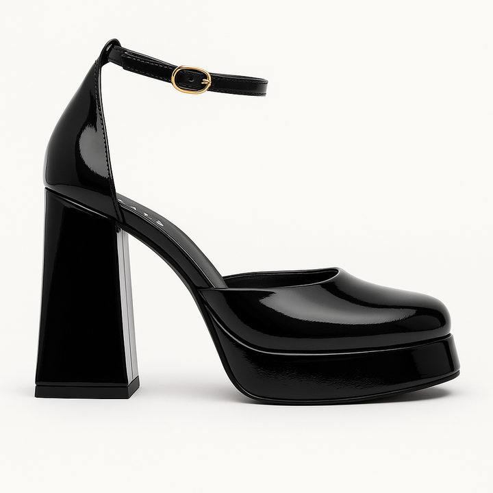 Brava — Platform Ankle-Strap Heel- Black Patent