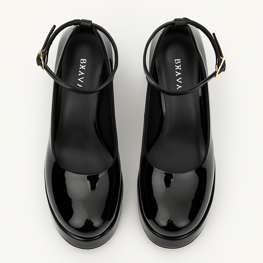 Brava — Platform Ankle-Strap Heel- Black Patent