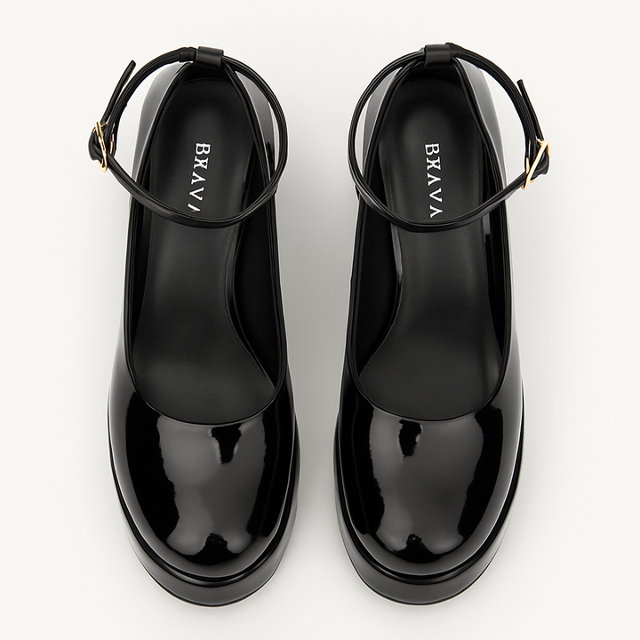 Brava — Platform Ankle-Strap Heel- Black Patent