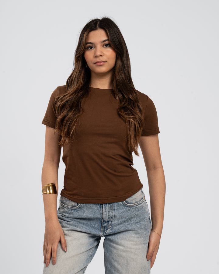 Brown Cotton Round Neck - Short Sleeve