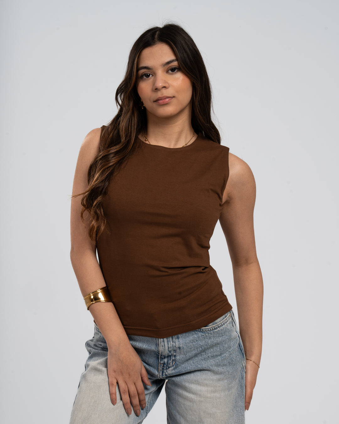 Brown Cotton Round Neck - Ribbed Tank