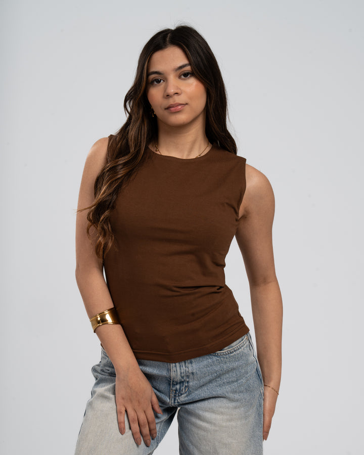 Brown Cotton Round Neck - Ribbed Tank