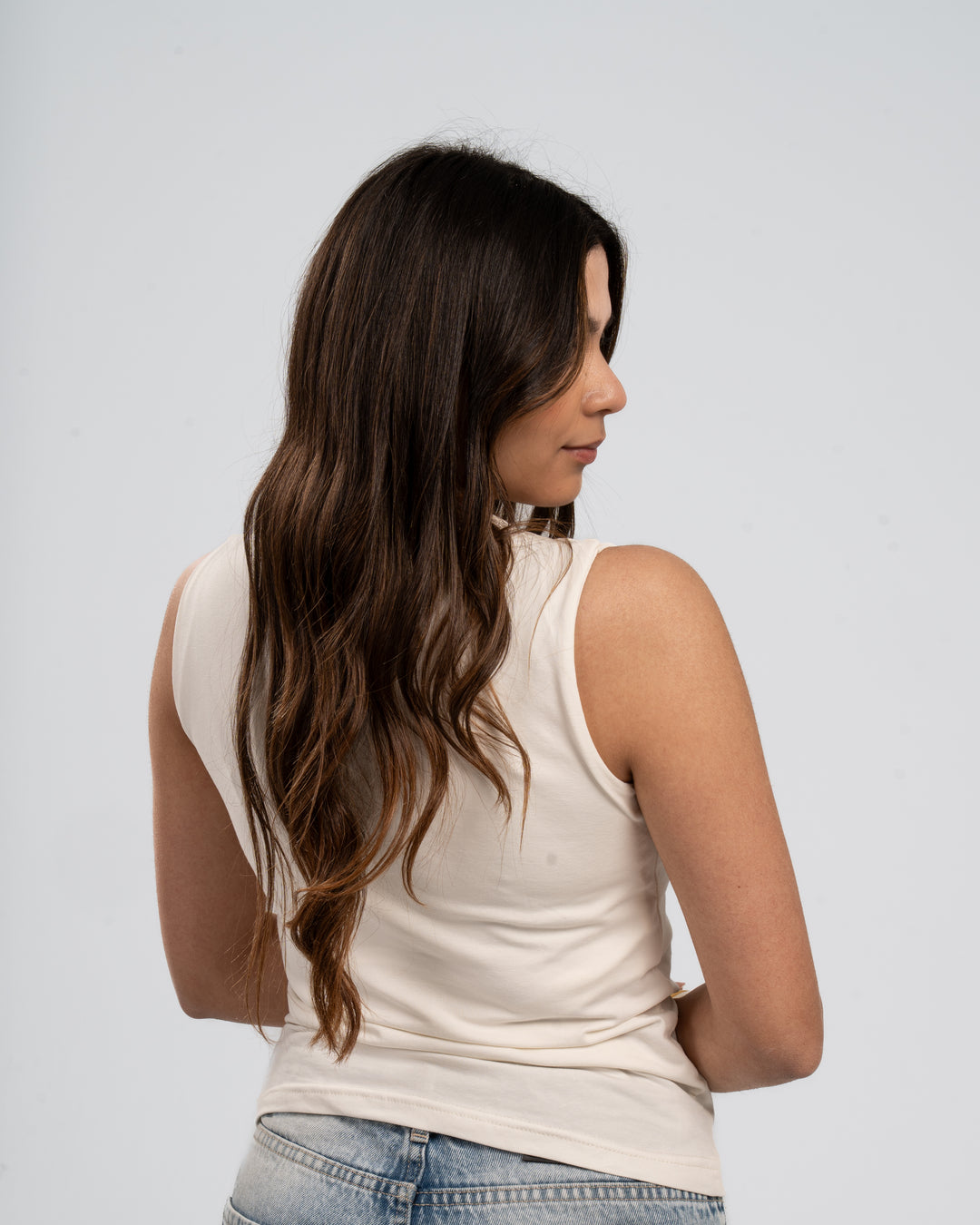 Off White Cotton Round Neck - Ribbed Tank