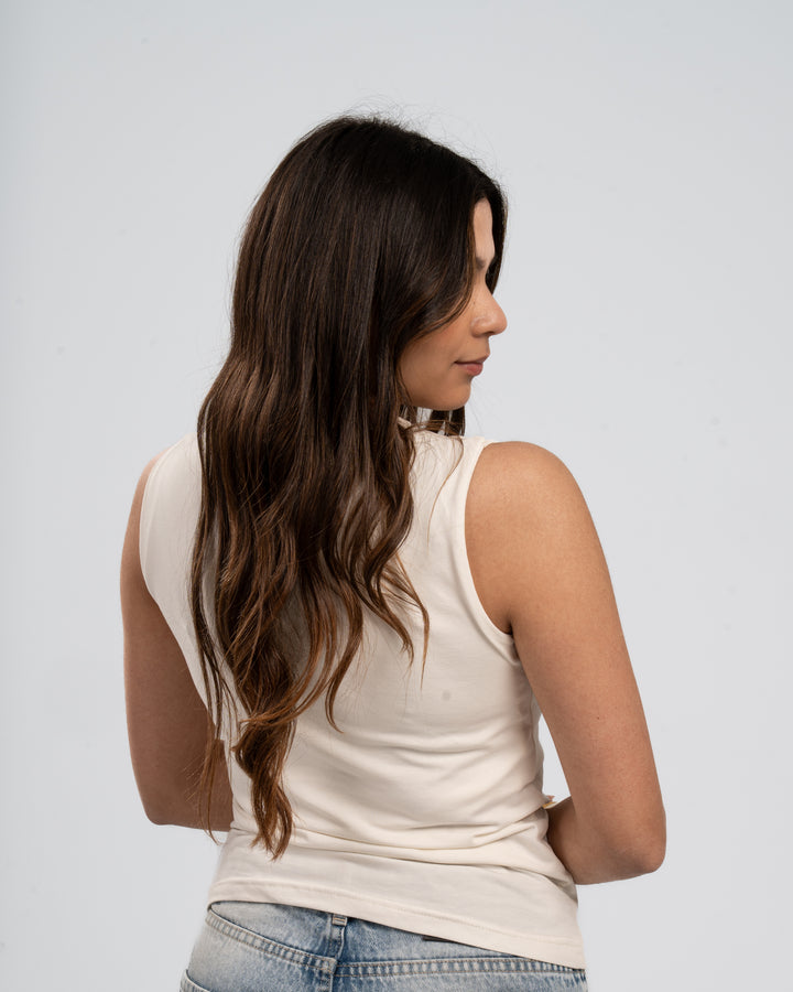 Off White Cotton Round Neck - Ribbed Tank