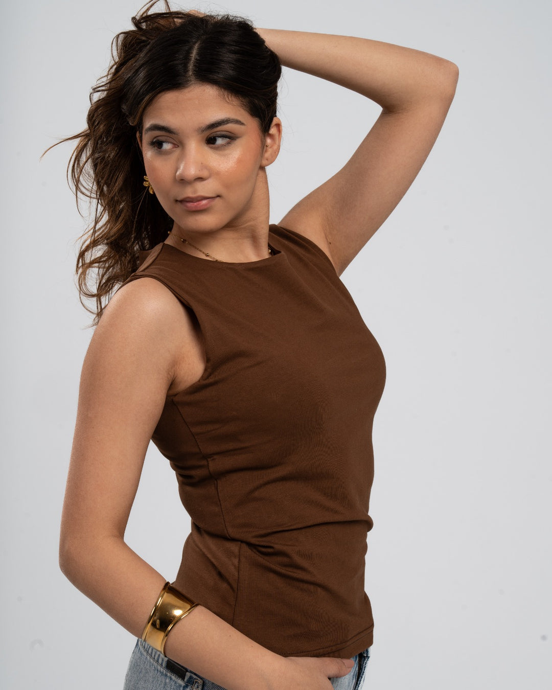 Brown Cotton Round Neck - Ribbed Tank