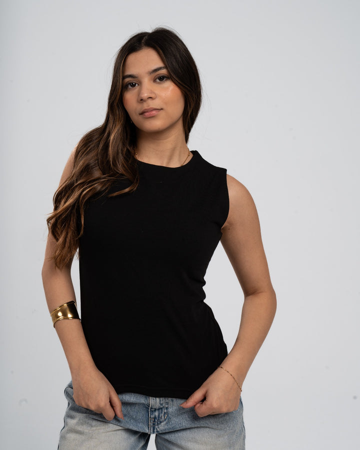 Black Cotton Round Neck - Ribbed Tank