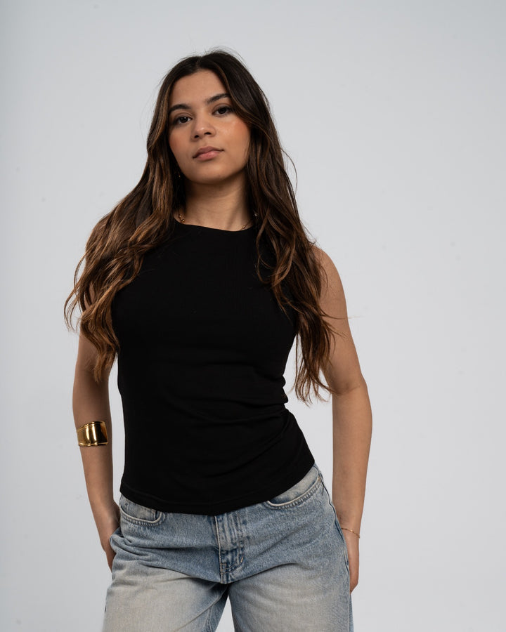 Black Cotton Round Neck - Ribbed Tank