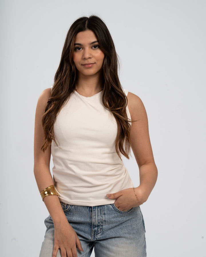 Off White Cotton Round Neck - Ribbed Tank