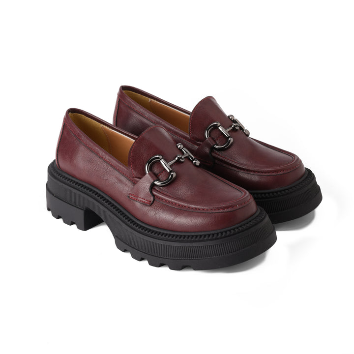 Women Burgundy Chunky Buckled Loafer