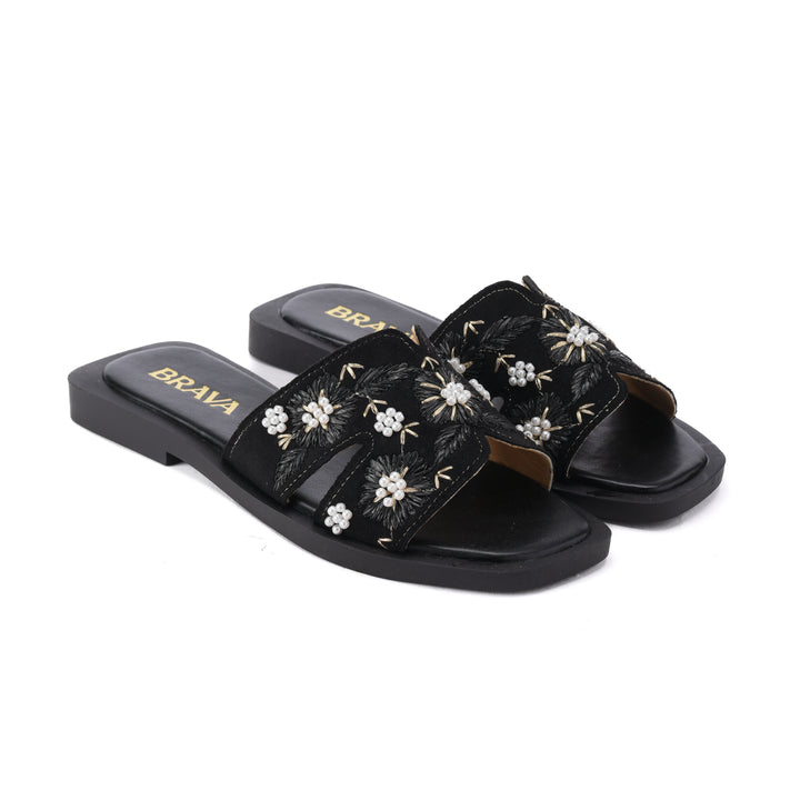 Brava Black Flowera Slipper