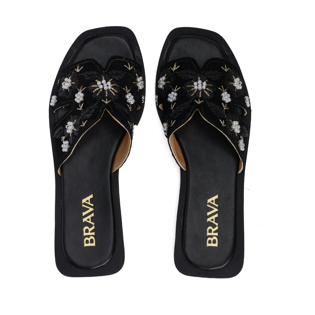 Brava Black Flowera Slipper