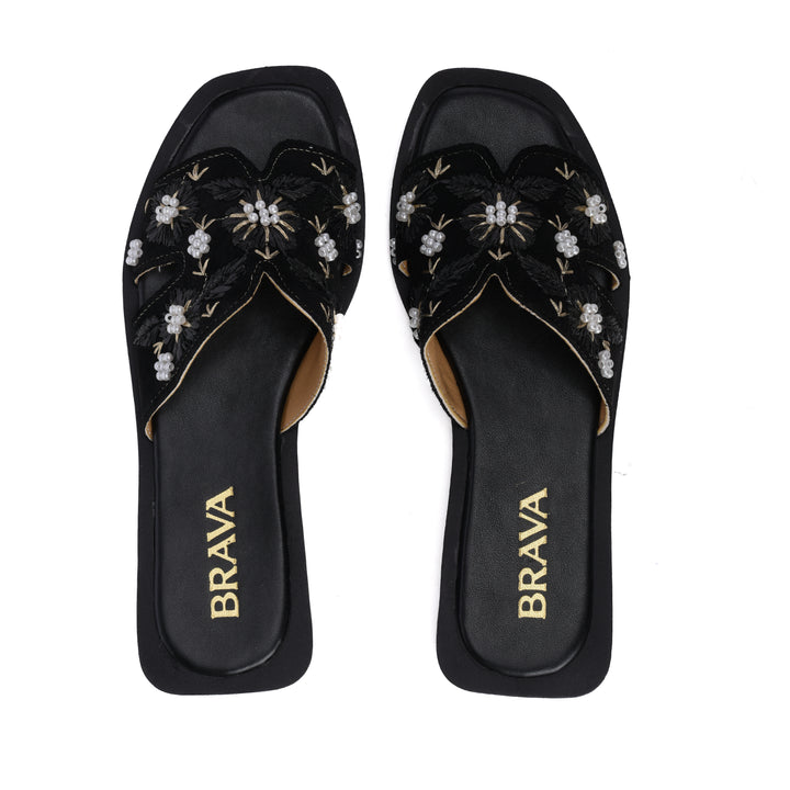 Brava Black Flowera Slipper