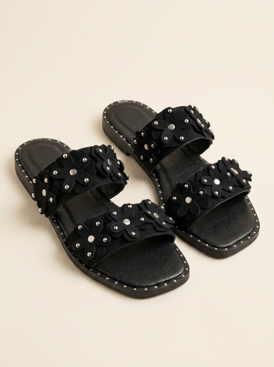 Brava Rosalie Floral Slides- Black