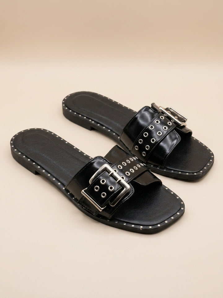 Brava Valeria Buckle Slides- Black