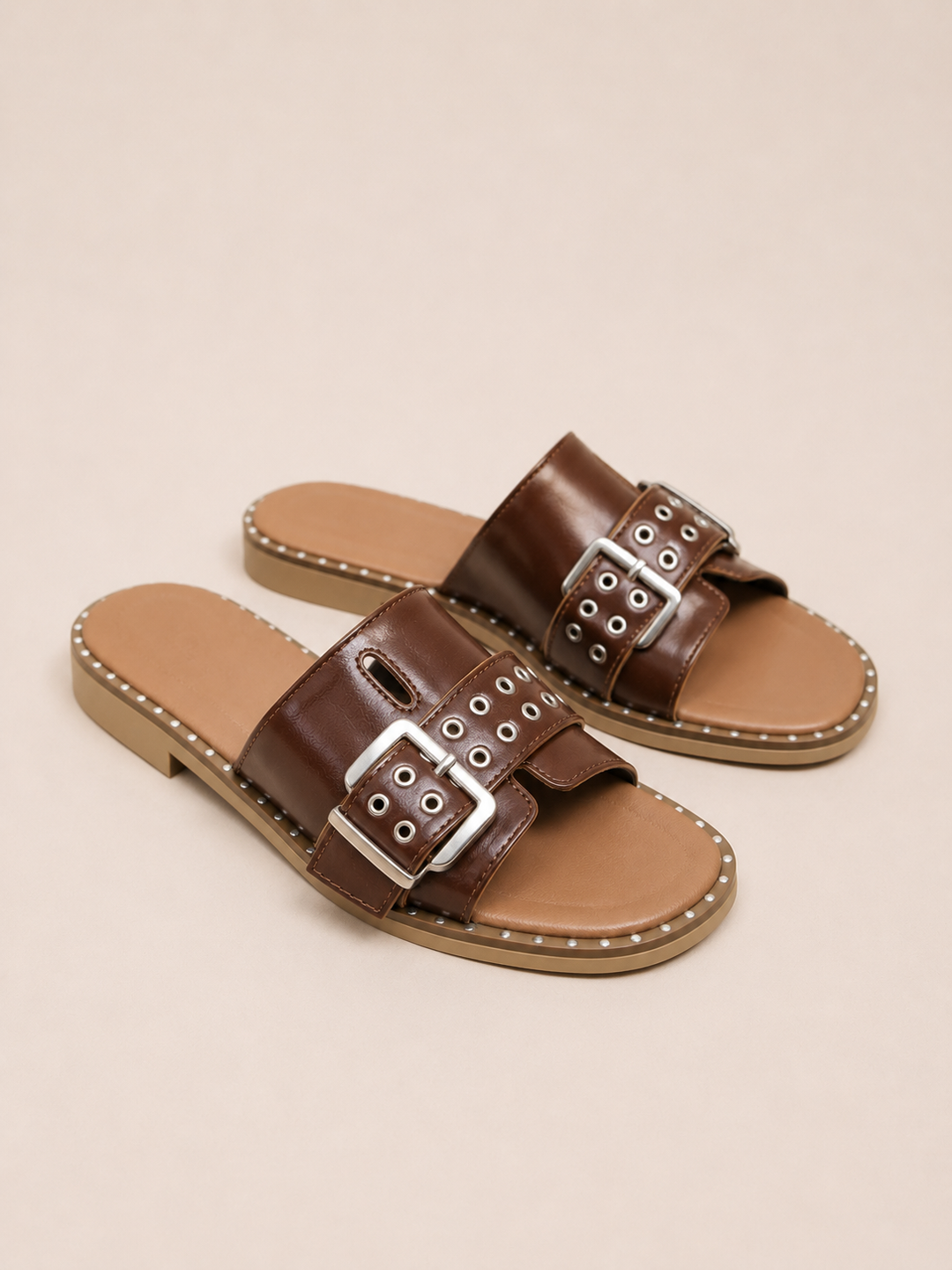 Brava Valeria Buckle Slides- Brown