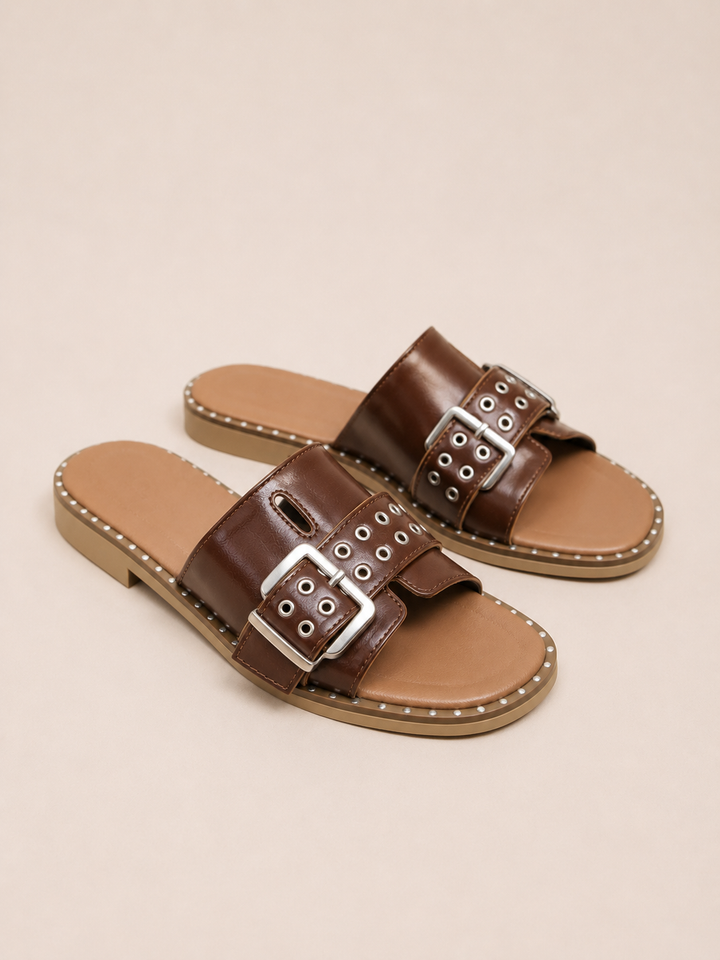Brava Valeria Buckle Slides- Brown