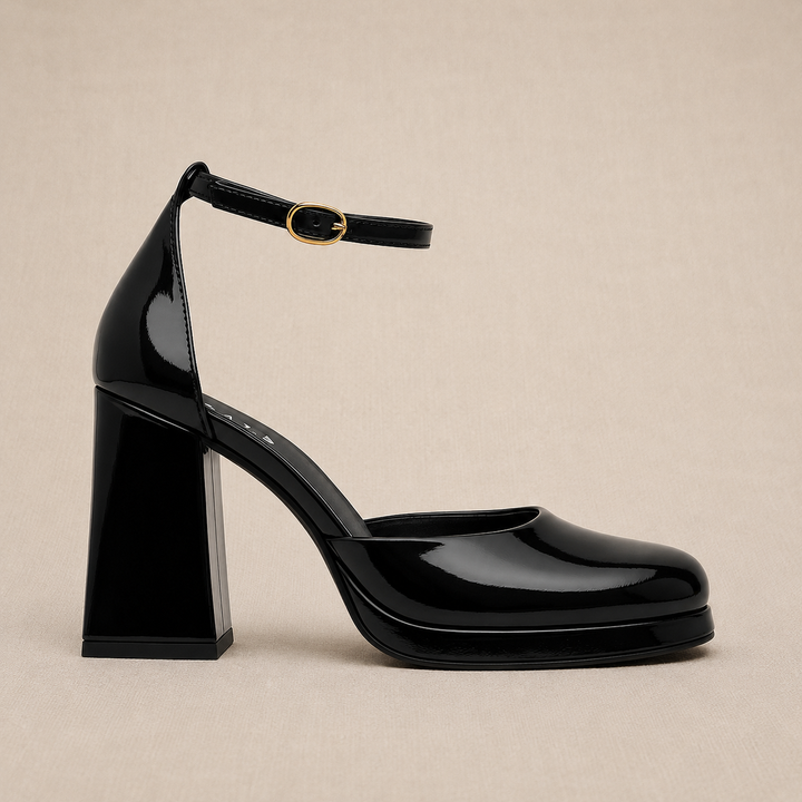Brava — Platform Ankle-Strap Heel- Black Patent