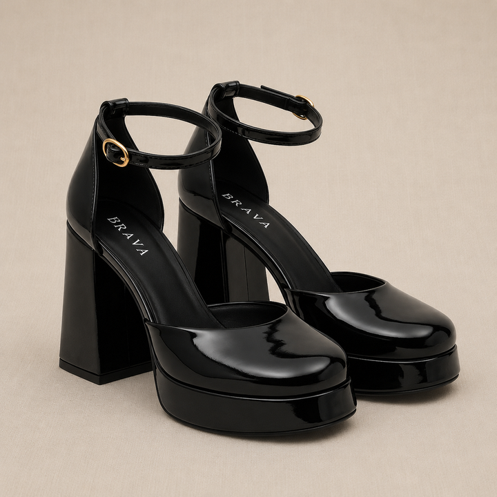 Brava — Platform Ankle-Strap Heel- Black Patent