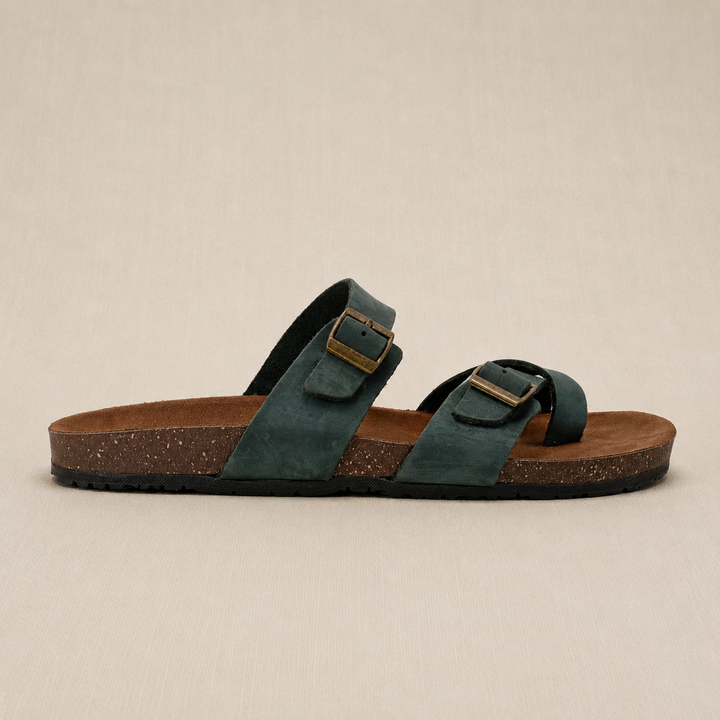 Genuine Leather Double Buckle Men Style Toe Slipper Olive