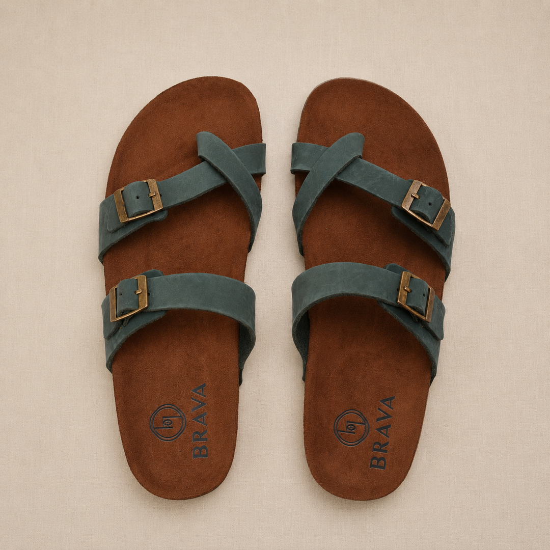 Genuine Leather Double Buckle Men Style Toe Slipper Olive
