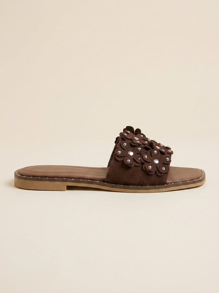 Brava Flora Embellished Slides- Brown