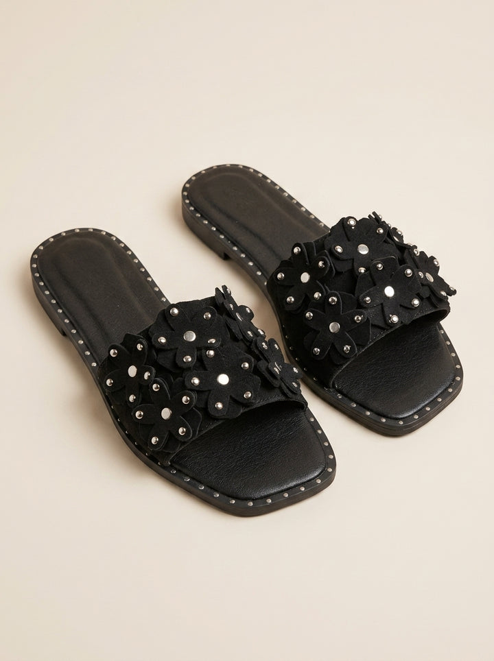 Brava Flora Embellished Slides- Black