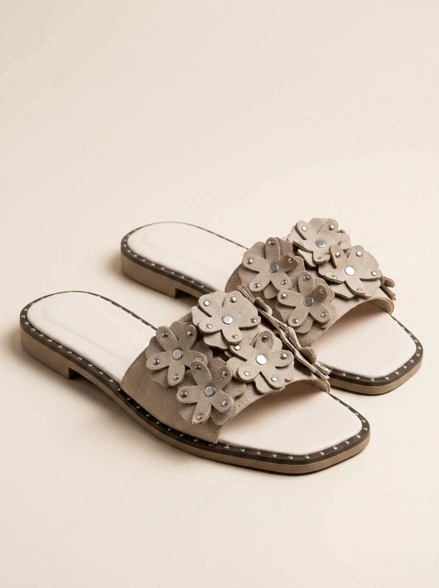 Brava Flora Embellished Slides- Beige