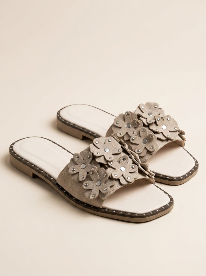 Brava Flora Embellished Slides- Beige