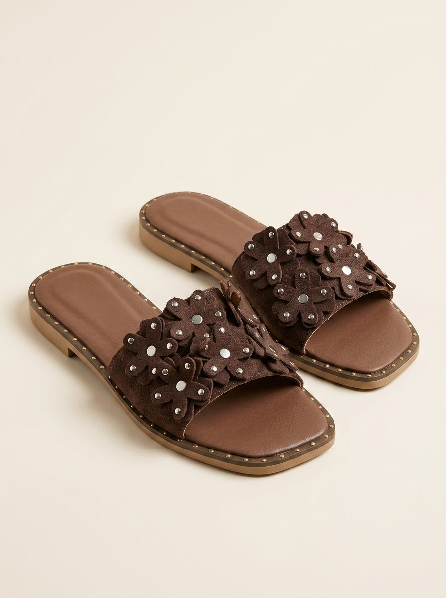 Brava Flora Embellished Slides- Brown